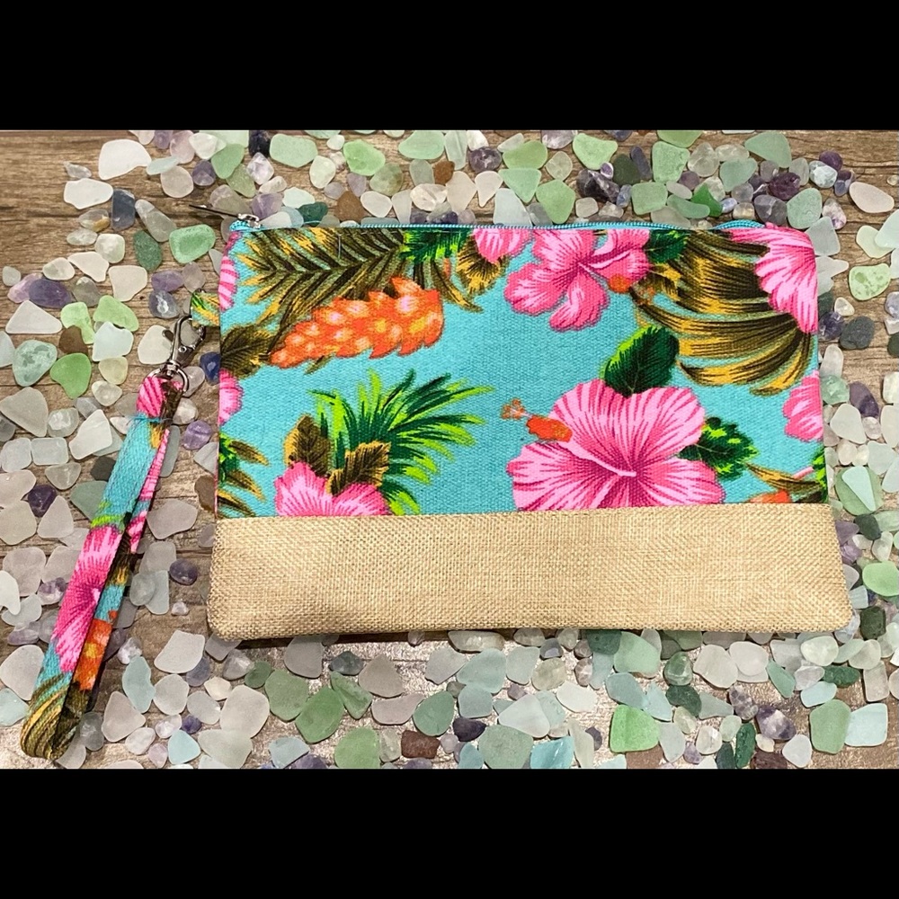 Tropical Print Floral Clutch, Wristlet